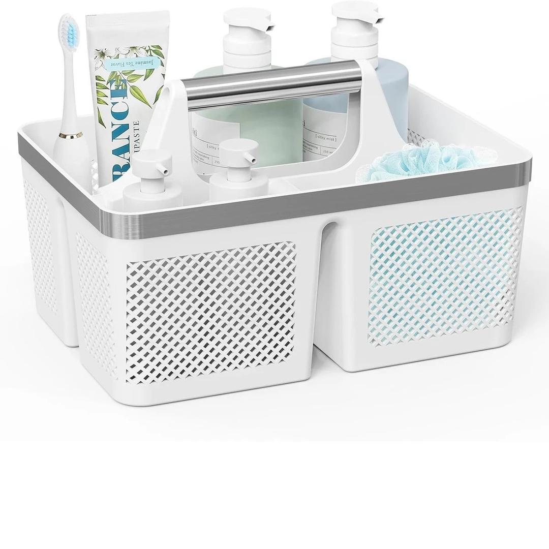 Portable Shower Caddy Small: Plastic Bathroom Caddy Organizer with Handle and Holes, Cleaning Caddy, Hard Shower Basket Storage Tote for Toiletry, College Dorm Room Essentials White/Silver