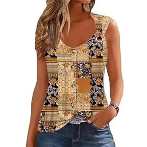ETCYY Summer Tank Tops for Women 2025 Loose Fit Spring Outfits Lace Striped Tee Button Down Sleeveless T Shirts, Plaid Yellow, Small