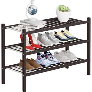 3 Tier Bamboo Shoe Rack Storage Organizer for Closet, Multifunctional Stackable Free Standing Shoe Shelf Organizer for Small Space,Entryway, Hallway, Bathroom27 x11 x20(Brown, 3 Tier)