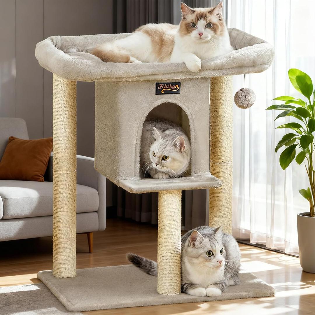 Cat Tree Tower Scratching Post for Indoor Large Cats, Small Cat Tree with Big Perch Bed, 28in Tall Trees House with Condo Cave, Toy Balls, Modern Climbing Furniture Platform for Kitten (Light Gray)