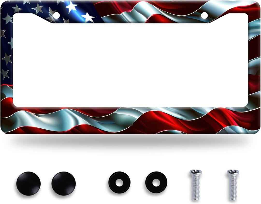 Abstract American Flag License Plate Frame Patriotic Waves USA Flag License Plate Holder Funny License Plate Stainless Steel Personalise Car Accessory for Men Women Car Decoration 12.3" x 6.3"