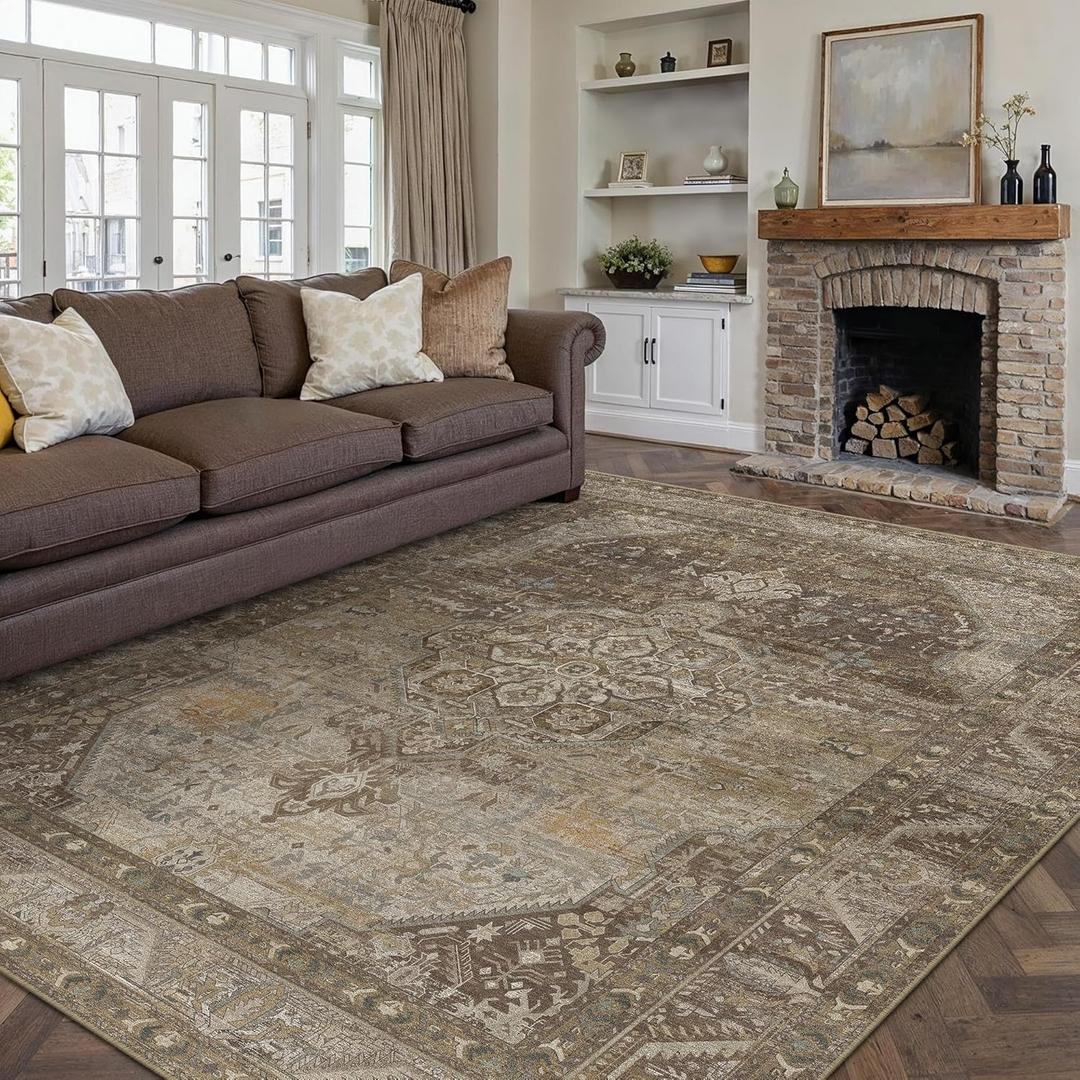 6x9 Brown Washable Vintage Area Rug for Living Room Bedroom Non Slip Distressed Traditional Soft Large Throw Rug Low Pile Lightweight Floral Carpet Office Playroom Dining Room