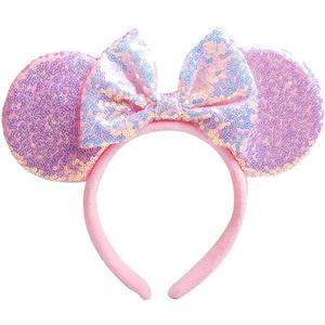 Unisex Mouse Ears Headbands With Bow & Sequins, for Cartoon Princess Costume Cosplay Decoration, Glitter Christmas Party for Women & Adult; FG1 (Soft Flannel Pink)