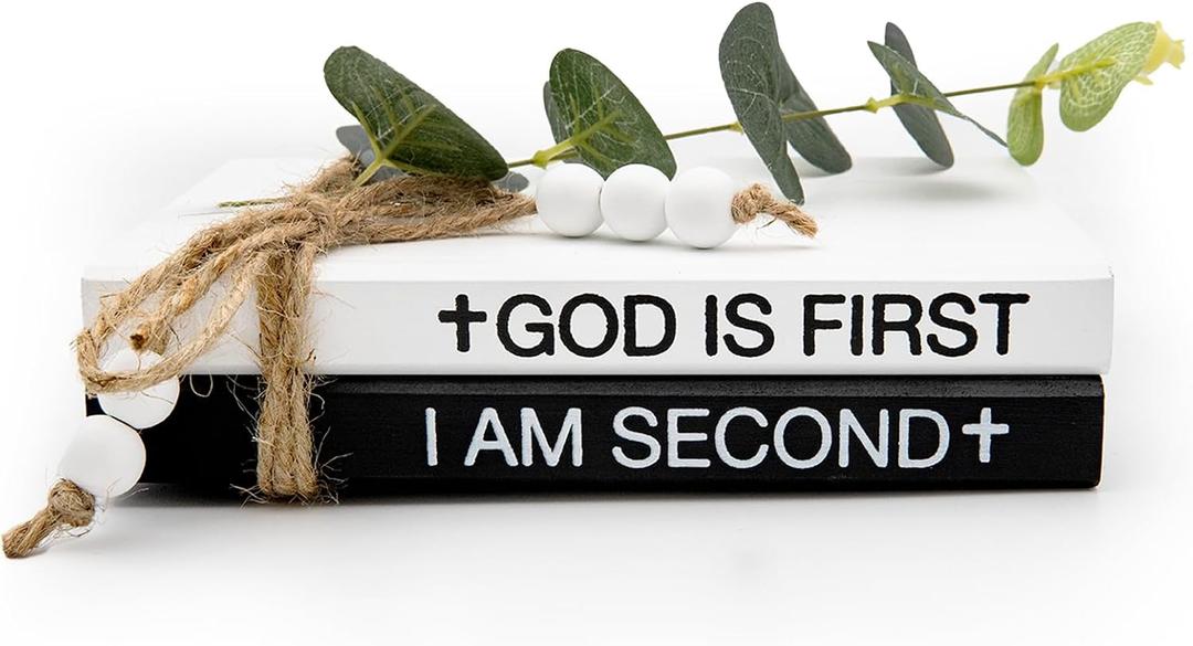 2 Pieces Wooden Decorative White Books, Rustic Farmhouse Faux Books for Coffee Table Shelves with Wood Bead Tassels and Leaves, 7'x 4.6'x 2.5' (God is First, I'm Second)