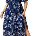 SCOMCHIC Womens Plus Size Maxi Dress Wedding Guest Tiered Long Dresses | Puff Short Sleeve Floral Dress, Elegant Cocktail Dress, Evening Party Dress, Formal Dresses, Summer Dresses, Dress with Slit (Blue, L)