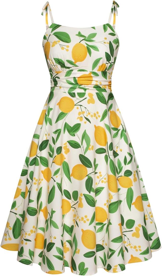 Belle Poque 2026 Summer Dress for Women Spaghetti Strap Flowy Midi Beach Sundress Vintage Wedding Guest Cocktail Dress (Medium, Apricot-lemon Print)