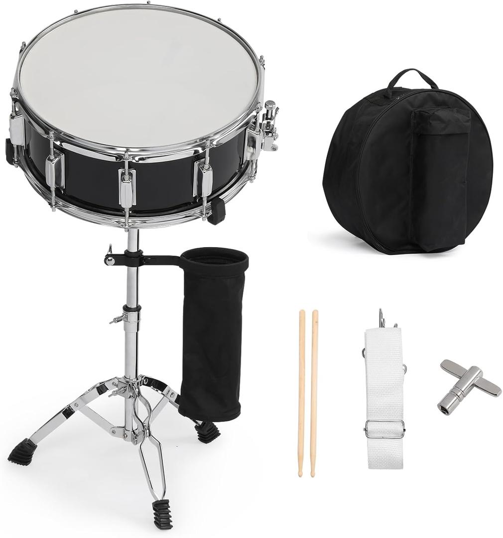 14 x 5.5in Snare Drum Set for Beginners  Student Practice Drum with Drumsticks, Bag, Strap, Mute Pad & Holder  Black Snare for Drum Set or Solo Use