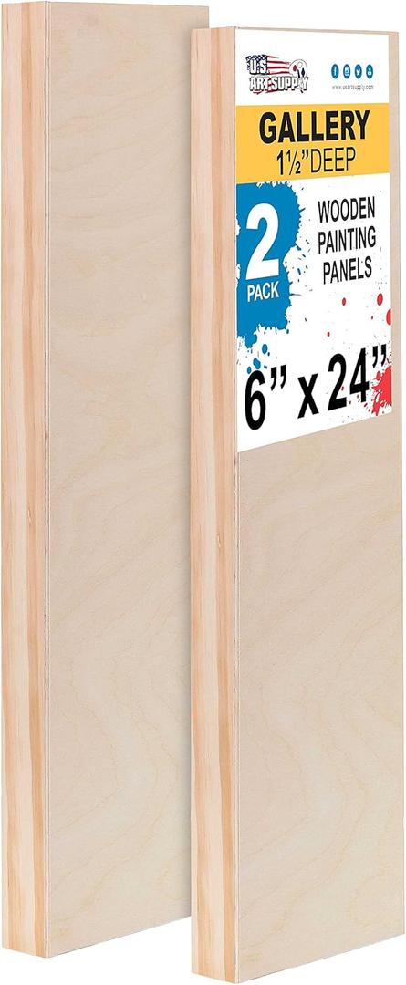 U.S. Art Supply 6" x 24" Unfinished Cradled Wood Panels for Painting, Gallery 1-1/2" Deep (2 Pack) - Artist Depth Wooden Wall Canvases - Mixed-Media Craft, Acrylic, Oil, Encaustic, Paint Pouring