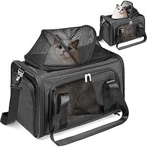 18 Lbs Cat Carrier with Top-Expandable Space & Pocket & 3 Opening for Small Dog Soft Side Airline Approved Pet Carrier Easy Clean 3 Ventilated Mesh Foldable for Travel Car Trip Outdoor Black 11 x 18 Inch