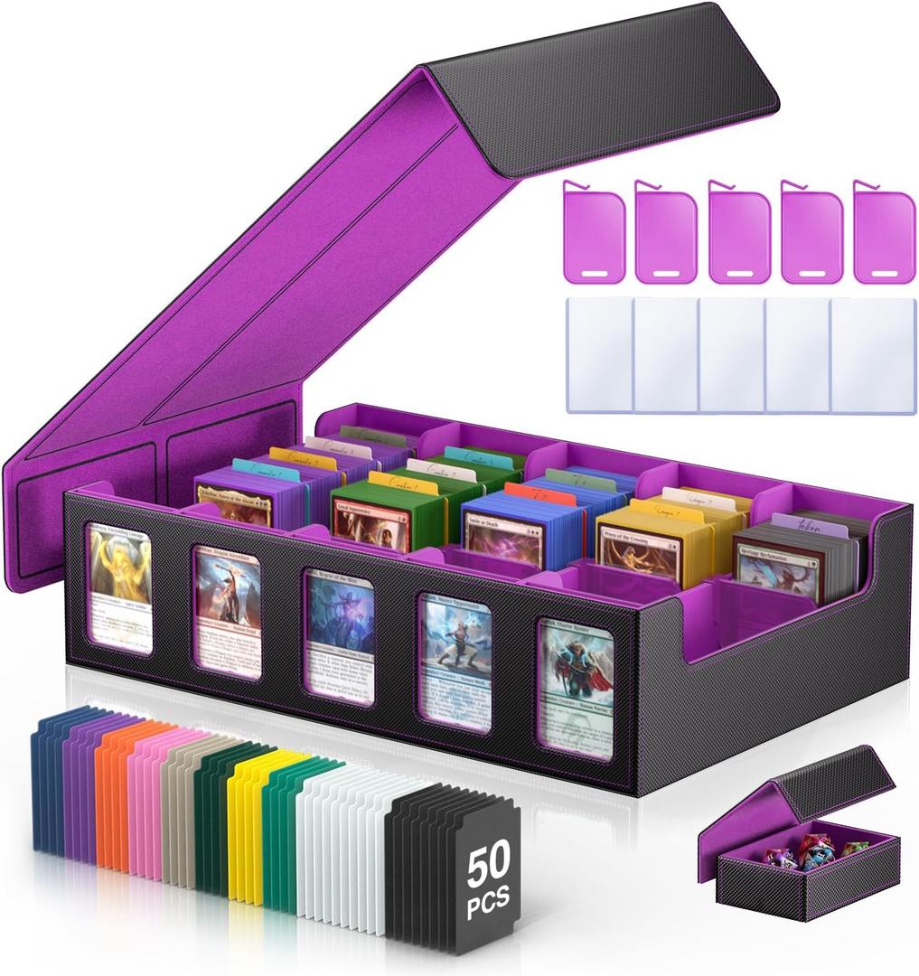 MORCCO Trading Card Storage Box 5-Row 3900+ Capacity,TCG MTG Card Case with Magnetic Lid & Commander Display,Top Loader Storage for Sports Cards, Includes Dividers Dice Box Black Purple