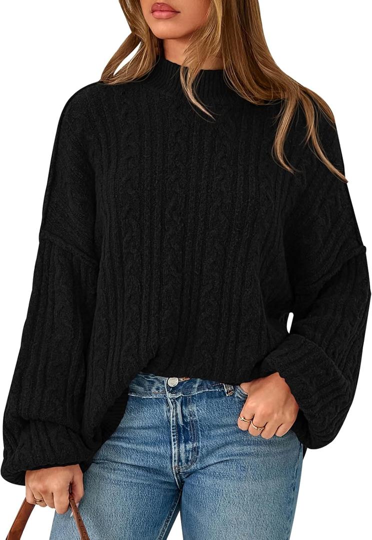 PRETTYGARDEN Womens Sweater 2025 Long Sleeve Crewneck Cable Knit Oversized Sweaters Pullover Exposed Seam Fall Outfits (Small, Black)