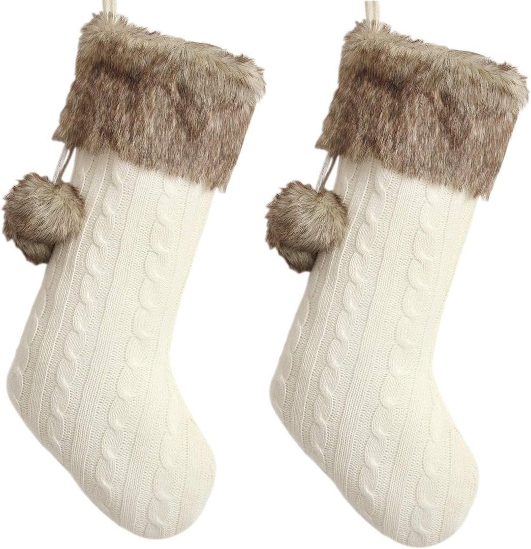 Set of Two Ivory Cable Knitted Body, Faux Fur Cuff with Faux Fur Fluffy Pompom Ball Christmas Stocking, Xmas Tree Decoration - 10inx18in