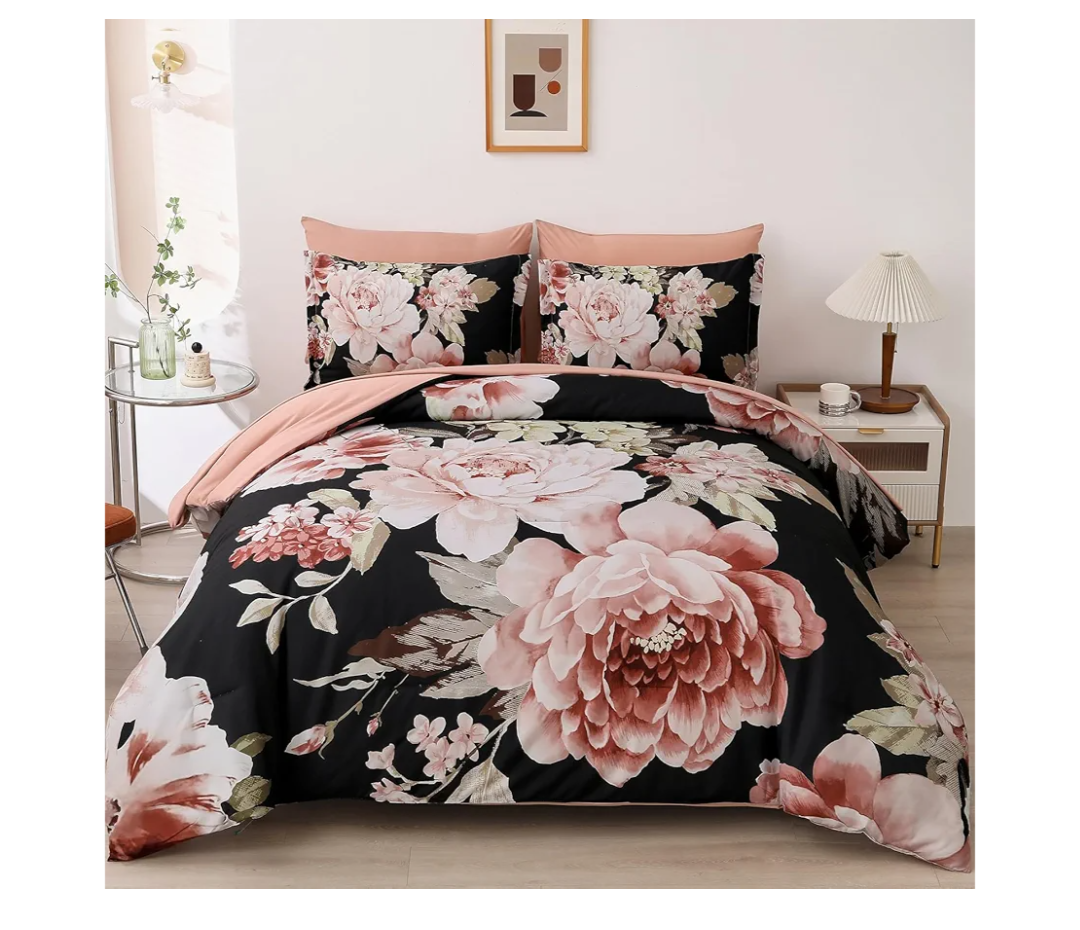 Floral Comforter Set California King Size,7 Pieces Bed in a Bag Black Pink Floral Bedding Set Elegant Flower Comforter Set for All Season with Flat Sheet, Fitted Sheet, Pillowcases & Shams