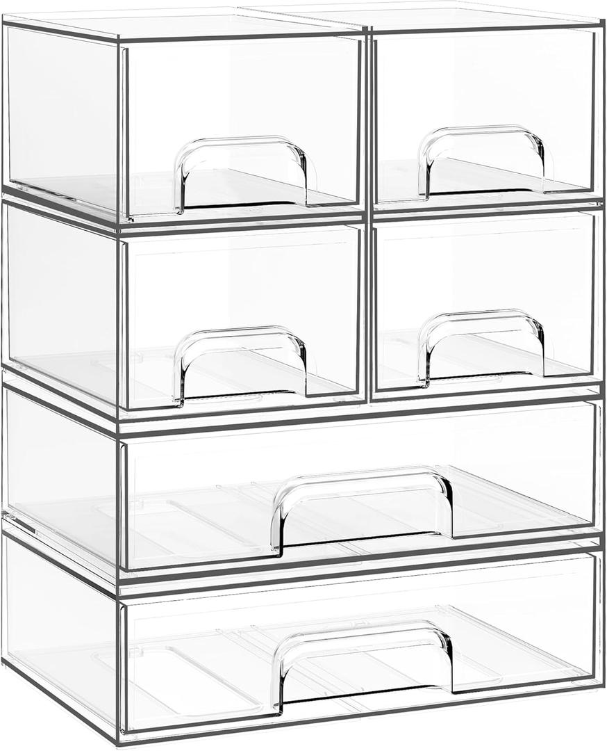 Criusia Stackable Storage Drawers, 6 Pack Clear Plastic Makeup & Bathroom Organizer, Versatile Storage Bins for Vanity, Under Sink, Kitchen Cabinets & Pantry