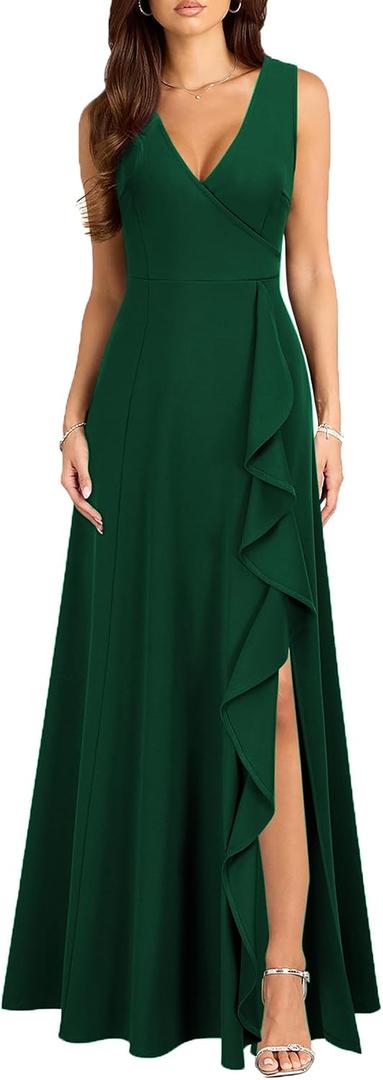MUSHARE Women's V Neck Sexy Split Cocktail Dress with Pockets Ruffle Party Long Formal Dress (Green, M)