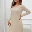 OUGES 2025 Fall Sweater Dress for Women Crew Neck Long Sleeve Knit Lightweight Casual Dresses (Large, Beige)