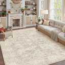 7x9 Beige Washable Area Rug for Living Room Bedroom Neutral Soft Non Slip Rug Low Pile Vintage Distressed Carpet for Dining Room Nursery Office Indoor