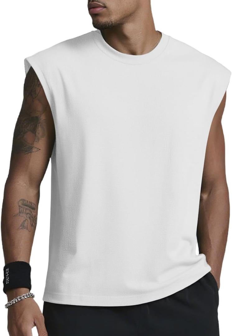 Mens Gym Tank Tops Sleeveless Shirts Cut Off Quick Dry Muscle Shirt Running Beach Loose Fit Tee (White, XXL)