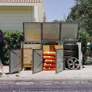 Outdoor Storage Shed Metal Trash Can Storage,120 Cu.Ft Garbage Can Storage Shed W/Lid Chain,Door Bolt & Pneumatic Spring Support Rods,for 3 Trash Bins,Bike,Garden Tools,Light Gray