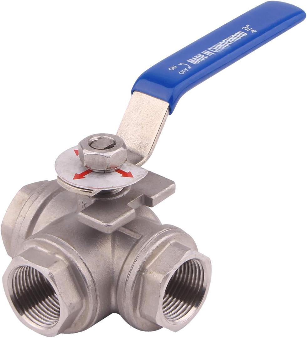 DERNORD 3-Way Ball Valve, T Mounting Pad, Stainless Steel 304 Female Type with Vinyl Locking Handle (3/4 Inch NPT)
