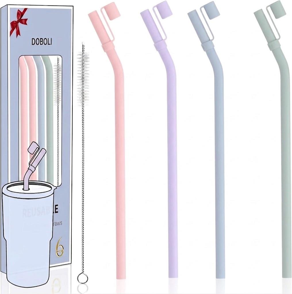 Doboli 10 inch Silicone Reusable Bendy Straw Flexible Straws With Straw Cover, Compatible with 20 oz 30 oz 32 oz Cup Tumbler Non Rubber, 4 Pack Smoothie Silicone Straws Straw with Cleaning Brush