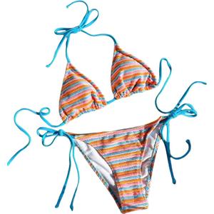 Falainetee Women's Striped Knot Bathing Suit High Waisted Halter Triangle Swimsuit Bikini Set Blue XS