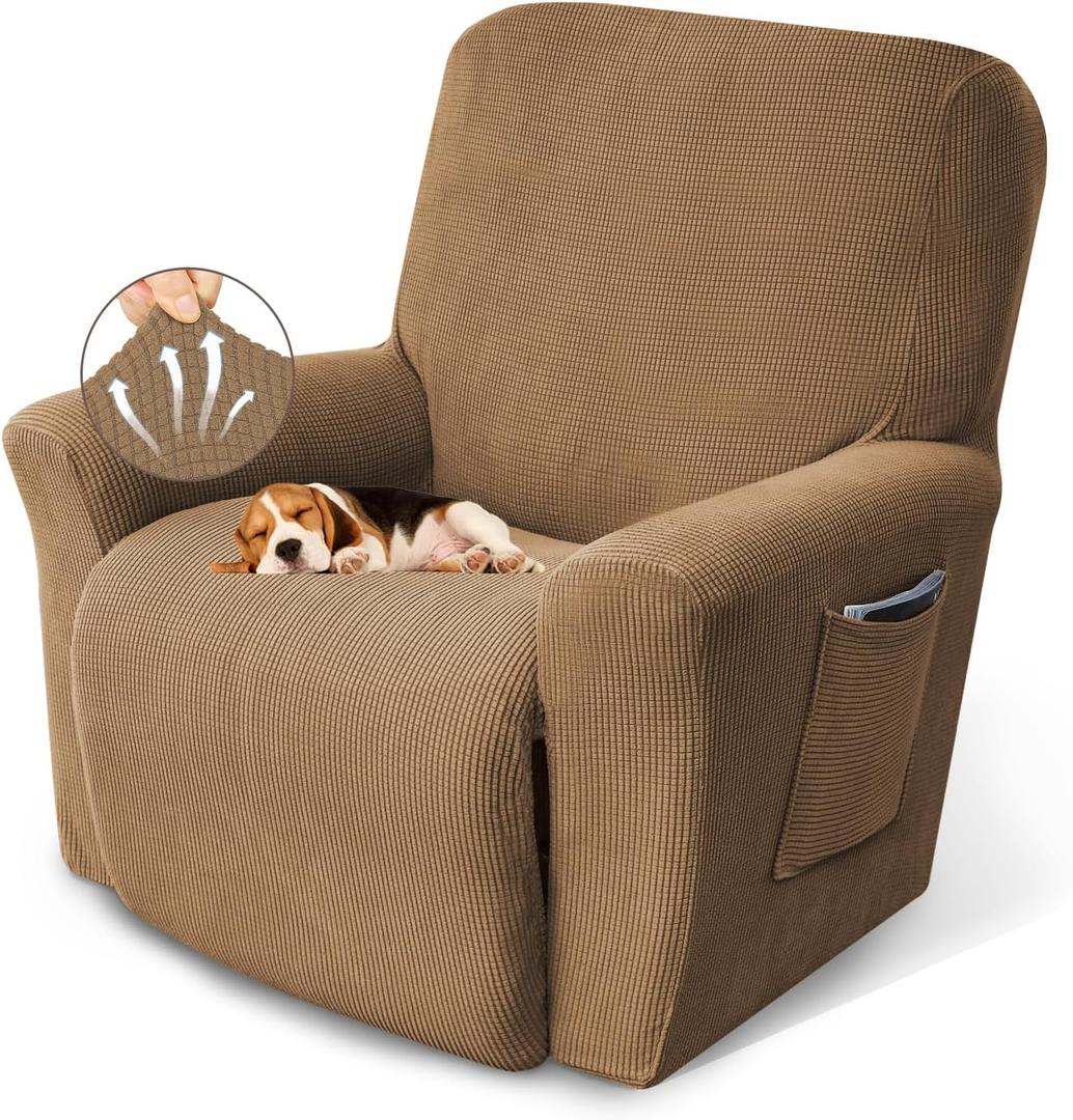 KEKUOU Recliner Chair Covers,Lazy Boy Recliner Covers Stretch Couch Cover Slipcovers 1 Piece Furniture Protector with Elastic Bottom for Kid,Dog(Recliner,Camel)