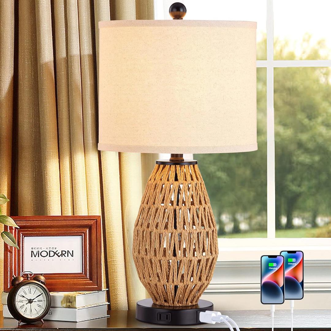 Touch Control Rattan Table Lamp, 3 Way Dimmable Bedside Lamp for Bedroom with 2 USB Ports and AC Outlet, Wicker Nightstand Lamps for Living Room(LED Bulb Included), Rattan-1PK