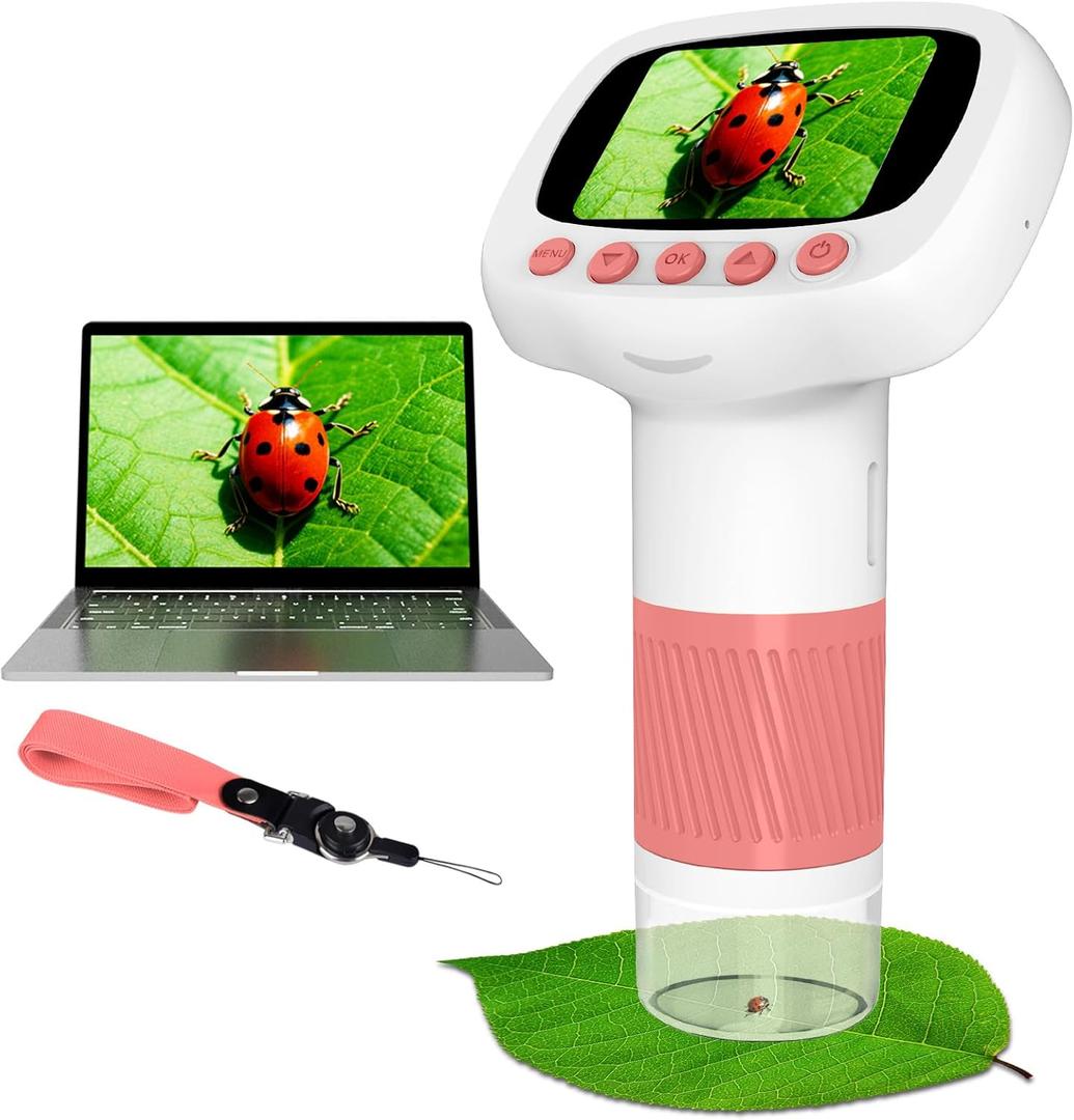 Pocket Kids Microscope for Over 3 Years Old, 1000X Handheld Microscope for Kids w/2''IPS Digital, Photo Video Mini Portable Microscopes, Science Edu Digiscope, for Kid (pink)