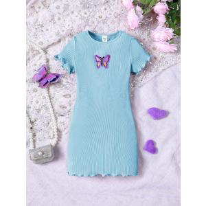 Girl's Knitted Mini Dress Casual Short Sleeve Butterfly A Line Bodycon Pencil Dress 5 Y Blue