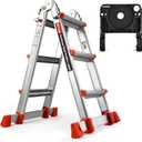 HBTower A Frame 3 Step Extension Ladder, 11 Ft Multi Position Ladder with Removable Tool Tray and Stabilizer Bar, 330 lbs Capacity Telescoping La dder for Household and Outdoor Work (Orange, 11FT)