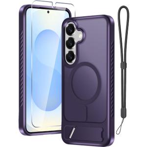 RMOCR for Samsung Galaxy S25 Plus Case with Screen Protector+Lanyard Wrist Strap,Magnetic Translucent Matte Rugged Slim Phone Cover Built in Invisible Kickstand Fit for MagSafe,2025 Purple
