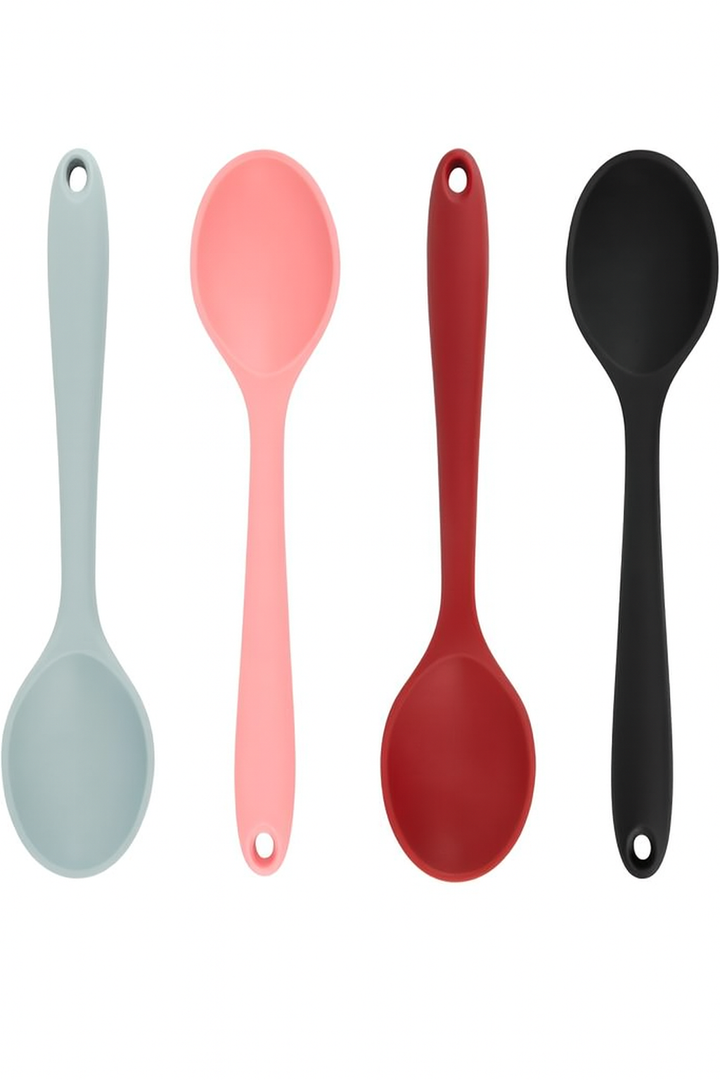 Cooking Spoon 4Pcs Red Black Grey Pink Large Serving Spoons Heat Resistant Silicone Spoon Non-Stick Mixing Kitchen Spoons Premium Silicone Kitchen Utenils for Stirring Baking, Mixing, Dishwasher Safe