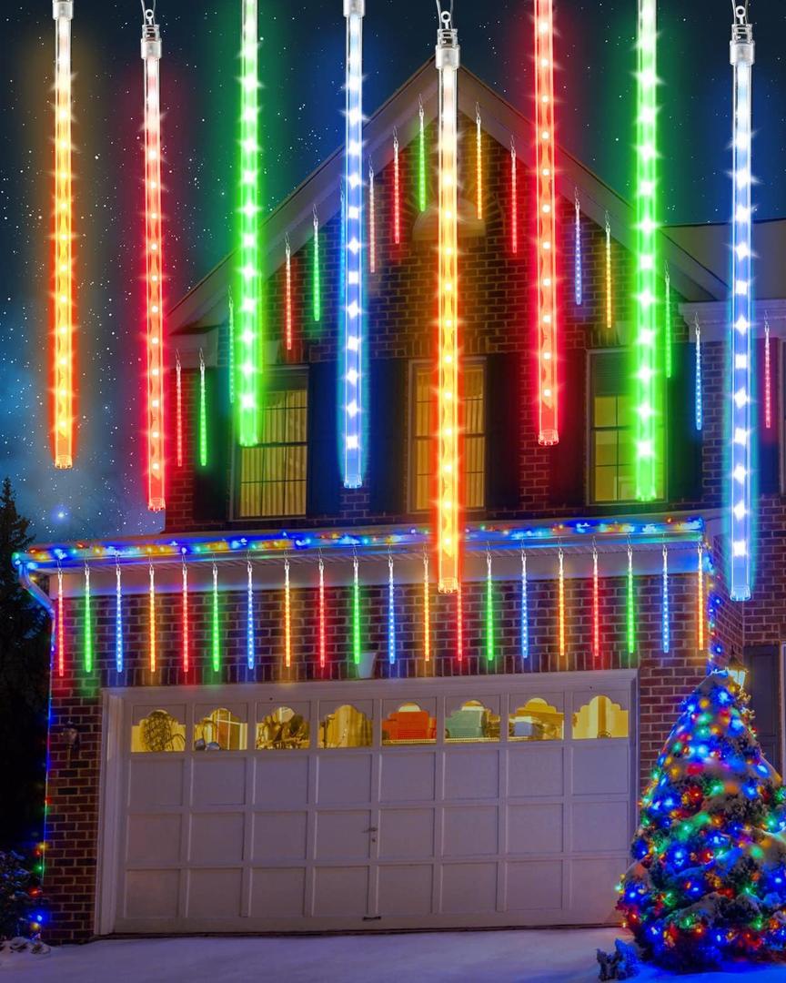 Flacchi Multicolor 20 Tubes Meteor Shower Icicle Light 480 LED Raindrop Lights with Timer Function Cascading Falling Rain Lights for Holiday Party Christmas Decorations (4 in 1 Multi-colored)