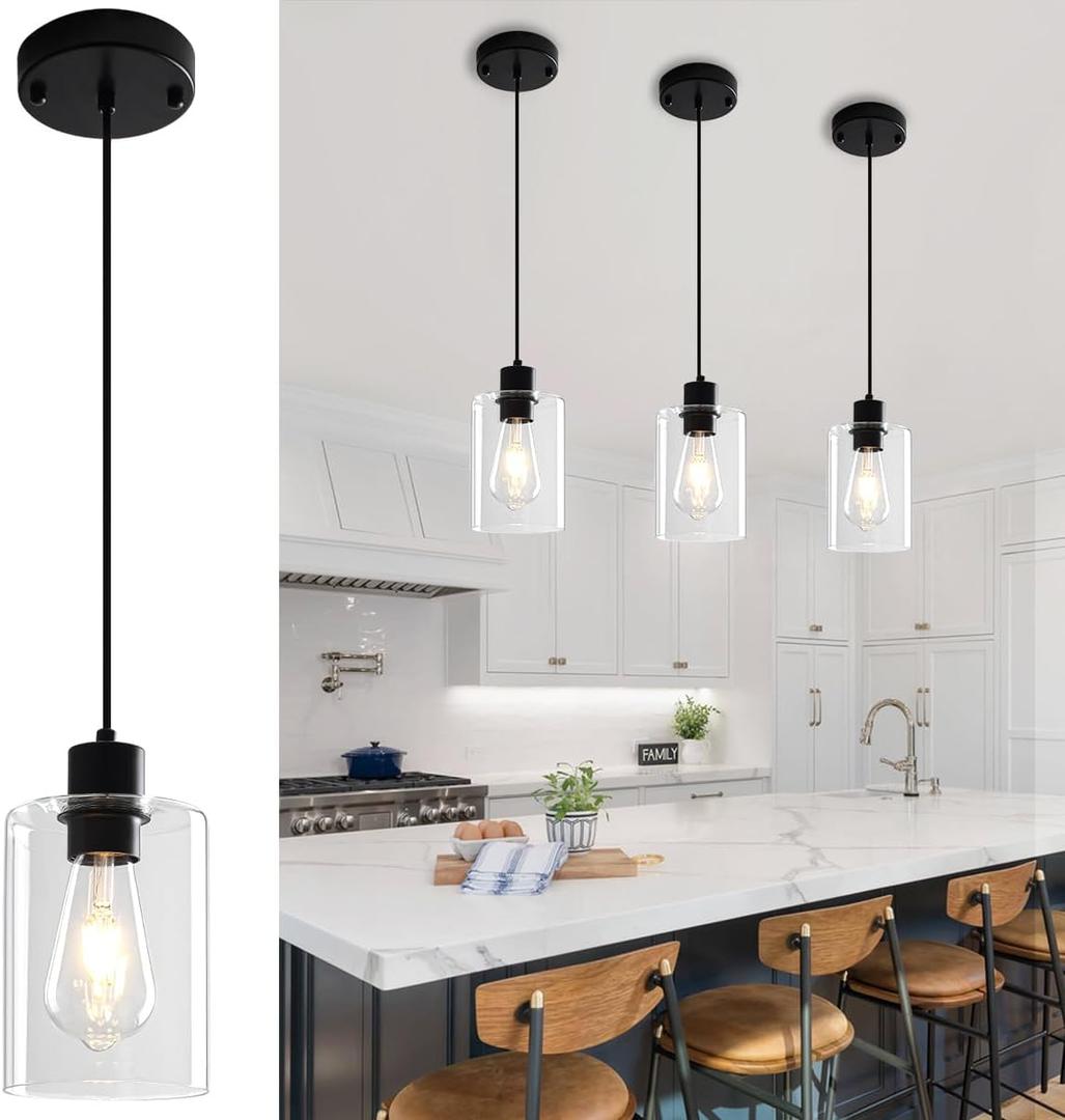 3 Pack Black Pendant Lights Kitchen Island, Modern Glass Pendant Lighting Over Island Kitchen Hanging Bathroom Ceiling Light Fixtures Adjustable Pendant Lights for Dining Room Hallway Bedroom