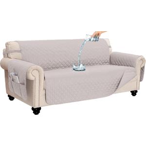 CAPALOCA 100% Waterproof Couch Cover for Dogs Washable Anti Slip Dog Couch Covers Protecter 2 Cushions Sofa Slipcover with Pockets (54" Loveseat, Beige)