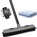 Pet Hair Removal Rubber Broom with Squeegee, Carpet Rake for Pet Hair with 59" Telescoping Long Handle, Fur Remover Rake for Carpet, Hardwood Floor, Tile (Gray Rubber Broom)