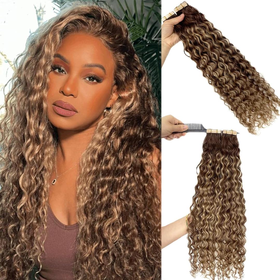 Water Wave Tape in Hair Extensions Human Hair, Ombre Chocolate Brown to Strawberry Honey Blonde Highlights Invisible Loose Curly Tape ins for Black Women Skin Weft Glue in Real Remy Extension 14 Inch (#4T27P4)
