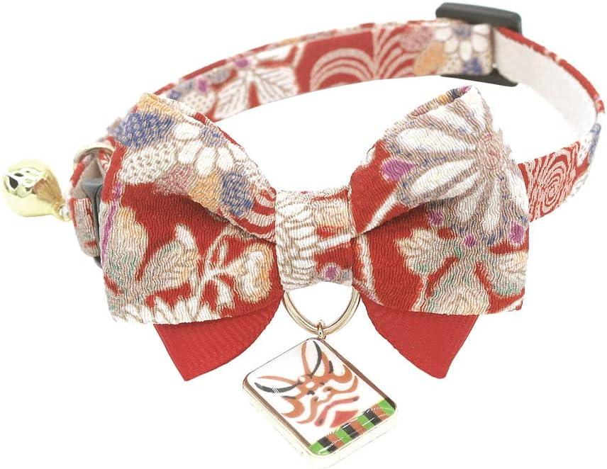 Double Bowtie Cat Collar with Japan Kabuki Charm. Safety Breakaway Buckle. Cute Kitten Collar for Girl Boy Cats