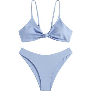 ZAFUL Women's Low Waisted Textured Knotted Cheeky Cami Bikini Set Two Piece Swimsuit (2-Light Blue2, M)
