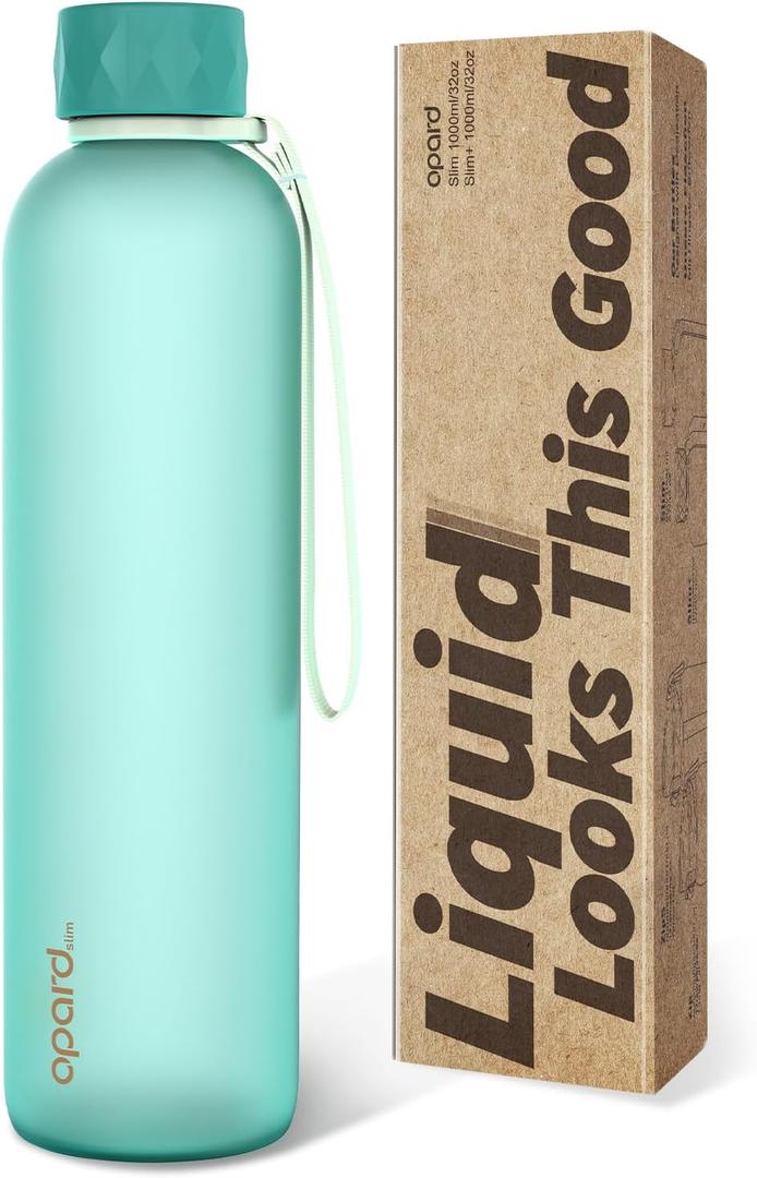 Opard Slim Pro Water Bottle 32oz, Plastic Water Bottle BPA-Free, Facetted Rubberized Grip-Texture Monocap, Leakproof Screw Top, Aqua Green, Reusable for Travel School Sport Gym Hiking (32oz-Soft-Touch Lid)
