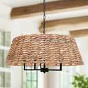 KSANA 26" Large Boho Rattan Chandelier, 5-Light Handwoven Wicker Drum Pendant with Adjustable Chain, Modern Farmhouse Black Dining Room Chandelier for Kitchen Island, Living Room, Entryway, 26" W × 13" H