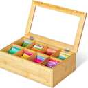 RoyalHouse Big Natural Bamboo Tea Storage Organizer with Clear Acrylic Top Window, 8 Compartments Eco-Friendly Tea Bag Holder, Multi-Functional Storage Box