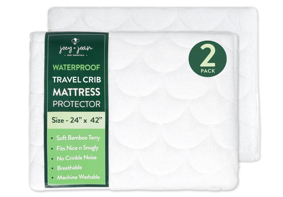 Joey + Joan Waterproof Travel Crib Mattress Pad Cover Compatible with Guava Lotus, Babybjorn, Dream on Me – 2 Pack Quilted Mattress Protector from Ultra Soft Bamboo Viscose Terry – 24" x 42"