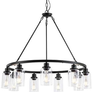 9-Light 32" Modern Farmhouse Chandeliers for Dining Room,Wagon Wheel Black Chandelier,Adjustable Height Hanging Round Pendant Lights for Kitchen Island Clear Glass Shade Ceiling Light fixtures