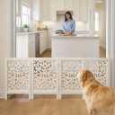 Free Standing Dog Gate 4 Panel Foldable Wooden pet gate Indoor 72" W x 24" H, Hand-Carved Solid Wood & MDF, Portable Indoor Gate for Doorways, Halls, Stairs Fully Assembled, Antique White