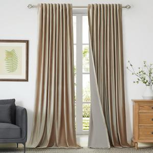 100% Full Blackout Champagne Beige Velvet Curtains 108 inch Long for Living Room,Set of 2 Liner Rod Pocket Back Tab Thermal Window Curtains Room Darkening Heavy Decorative Curtains Drapes for Bedroom