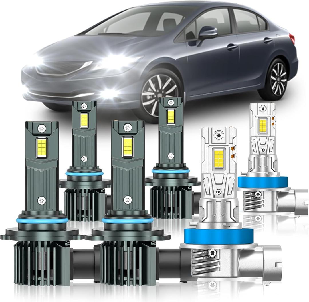 Compatible with Honda Civic Sedan 2004-2015 Fog Bulbs, High&Low Beam Fog Light Bulbs Combo, 800% Super Bright 6000K Cool White, Plug and Play, Pack of 6