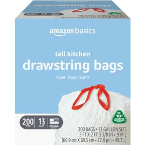 Amazon Basics 13 Gallon Tall Kitchen Drawstring Trash Bags, Clean Fresh Scent, 10% Post Consumer Recycled, 0.9 mil Thick, 200 Count