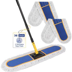 36" Commercial Dust Mop: Heavy Duty Industrial Floor Duster with 2 Cotton Reusable Mop Pads - 59 Inch Long Handle Wet Dry Flat Mops for Floor Cleaning (Blue)